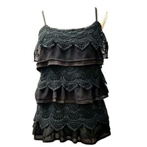 C. Luce Black Camisole Top Size L Semi Sheer Lacy Layered Adjustable Strap Boho